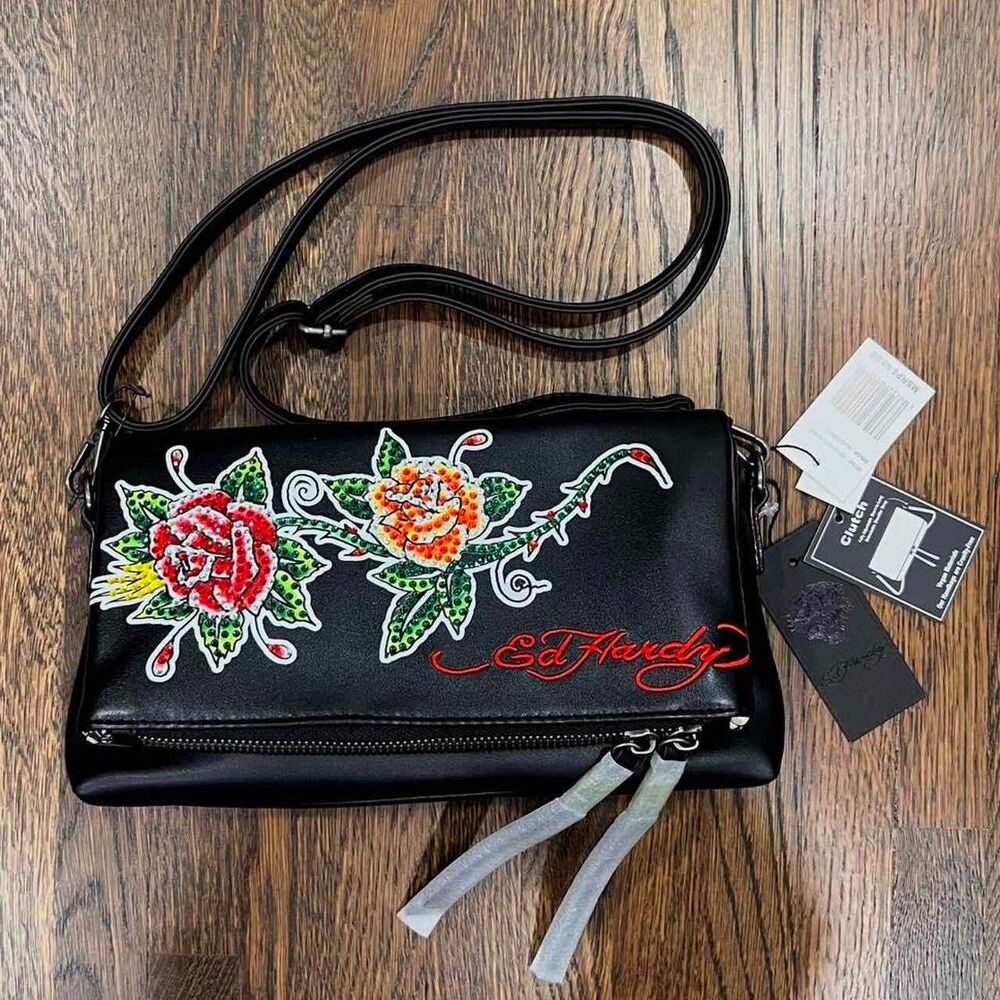 ed hardy rhinestone flower purse bedazzled shoulder bag with crossbody strap NWT
